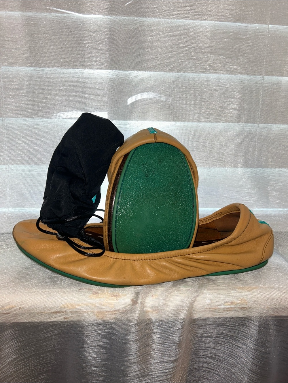 Tieks Tan Leather Ballet Flats with Teal Stripe - Picture 3 of 3